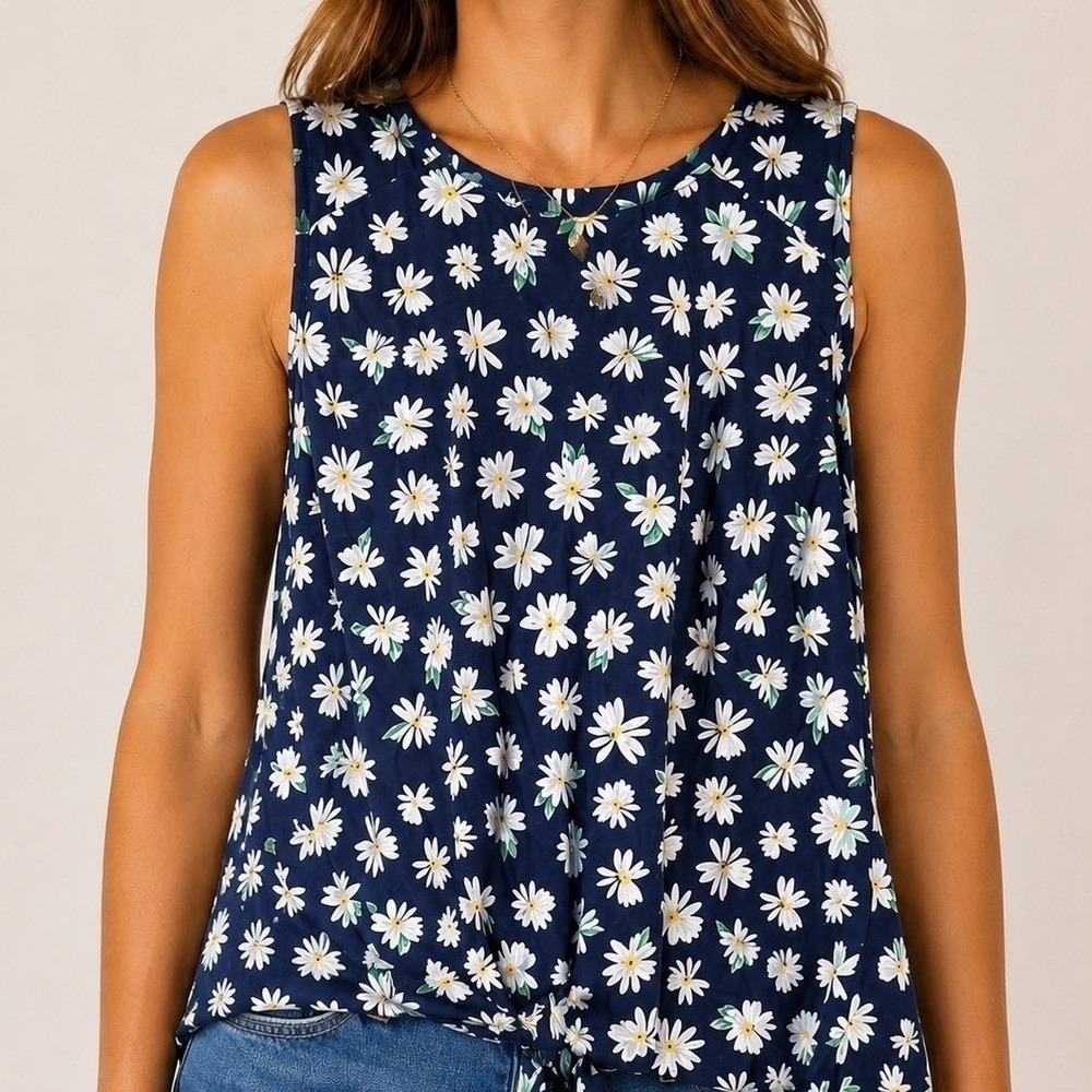 Old Navy Daisy Floral Sleeveless Blouse Womens XS Navy Blue Front Tie Top